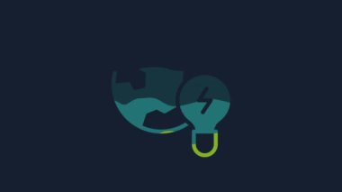 Yellow Global energy power planet with bulb icon isolated on blue background. Ecology concept and environmental. 4K Video motion graphic animation.