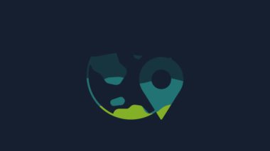Yellow Location on the globe icon isolated on blue background. World or Earth sign. 4K Video motion graphic animation.