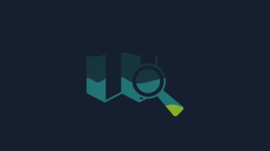 Yellow Search location icon isolated on blue background. Magnifying glass with pointer sign. 4K Video motion graphic animation.
