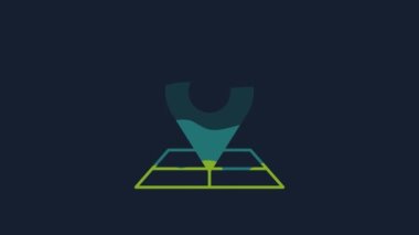 Yellow Folded map with location marker icon isolated on blue background. 4K Video motion graphic animation.