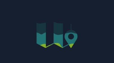 Yellow Folded map with location marker icon isolated on blue background. 4K Video motion graphic animation.