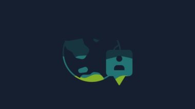 Yellow Location on the globe icon isolated on blue background. World or Earth sign. 4K Video motion graphic animation.