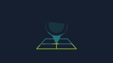 Yellow Folded map with location marker icon isolated on blue background. 4K Video motion graphic animation.