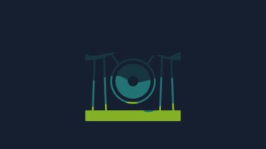 Yellow Gong musical percussion instrument circular metal disc icon isolated on blue background. 4K Video motion graphic animation.