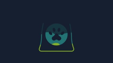 Yellow Bag of food for pet icon isolated on blue background. Food for animals. Dog bone sign. Pet food package. 4K Video motion graphic animation.