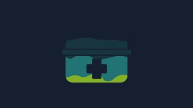 Yellow First aid kit icon isolated on blue background. Medical box with cross. Medical equipment for emergency. Healthcare concept. 4K Video motion graphic animation.