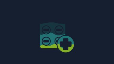 Sarı haplar mavi arka planda izole edilmiş. İlaç paketi. Tablet, vitamin, antibiyotik, aspirin. 4K Video hareketli grafik canlandırması.