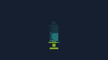 Yellow Syringe icon isolated on blue background. Syringe for vaccine, vaccination, injection, flu shot. Medical equipment. 4K Video motion graphic animation.