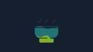 Yellow Traditional Chinese tea ceremony icon isolated on blue background. Teapot with cup. 4K Video motion graphic animation.