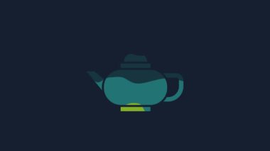 Yellow Traditional Chinese tea ceremony icon isolated on blue background. Teapot with cup. 4K Video motion graphic animation.