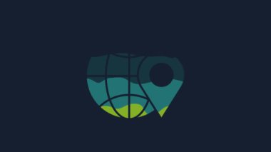 Yellow Location on the globe icon isolated on blue background. World or Earth sign. 4K Video motion graphic animation.