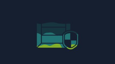 Sarı paket güvenliği ve mavi arka planda kalkan simgesi var. Teslimat sigortası. Kalkanın ötesinde sigorta kutuları var. 4K Video hareketli grafik canlandırması.