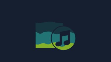 Mavi arkaplanda not simgesi olan Sarı Müzik Kitabı. Notalı nota kağıdı. Müzik notaları için not defteri. 4K Video hareketli grafik canlandırması.