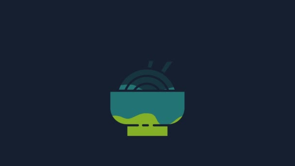 青い背景に隔離されたボウルと箸のアイコンに黄色のアジア麺 ストリートファーストフード 韓国語 日本語 中華料理 4Kビデオモーショングラフィックアニメーション — ストック動画