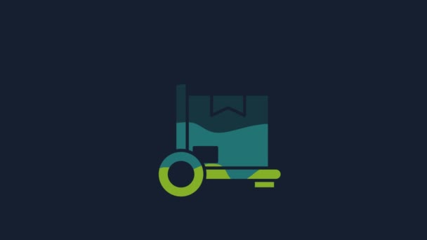 黄色のハンドトラックとボックスアイコンは青の背景に隔離されています ドリーシンボルだ 4Kビデオモーショングラフィックアニメーション — ストック動画