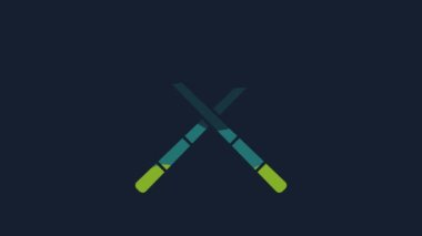 Sarı Davul Çubukları simgesi mavi arkaplanda izole edildi. Müzik aleti. 4K Video hareketli grafik canlandırması.