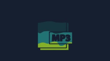 Sarı MP3 dosya dökümanı. MP3 düğmesi simgesi mavi arkaplanda izole edildi. Mp3 müzik format işareti. MP3 dosya sembolü. 4K Video hareketli grafik canlandırması.