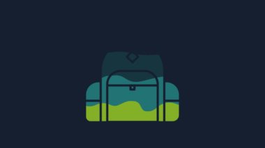 Yellow Hiking backpack icon isolated on blue background. Camping and mountain exploring backpack. 4K Video motion graphic animation.