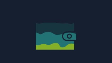 Sarı Cüzdan ve deste deste kağıt para nakit para ikonu mavi arka planda izole. Çanta ikonu. Nakit tasarruf sembolü. 4K Video hareketli grafik canlandırması.