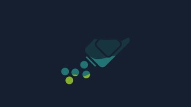 Sarı ilaç şişesi ve mavi arka planda izole edilmiş hap ikonu. Şişe hapı işareti. Eczane tasarımı. 4K Video hareketli grafik canlandırması.