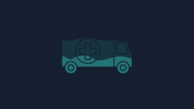 Sarı ambulans ve acil durum arabası ikonu mavi arka planda izole edildi. Ambulans aracı tıbbi tahliye. 4K Video hareketli grafik canlandırması.