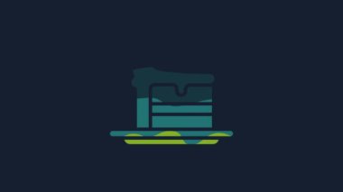 Sarı Kek simgesi mavi arkaplanda izole edildi. Doğum günün kutlu olsun. 4K Video hareketli grafik canlandırması.