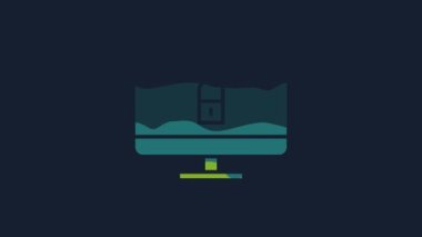 Bilgisayar monitörü simgesindeki sarı kilit mavi arkaplanda izole edildi. Güvenlik, güvenlik, koruma kavramı. Güvenli bir ağ. 4K Video hareketli grafik canlandırması.