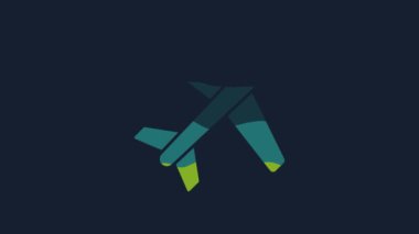 Sarı Düzlem simgesi mavi arkaplanda izole edildi. Uçan uçak ikonu. Uçak tabelası. 4K Video hareketli grafik canlandırması.