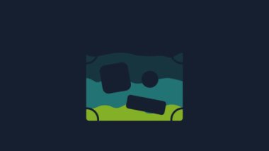 Yellow Suitcase for travel icon isolated on blue background. Traveling baggage sign. Travel luggage icon. 4K Video motion graphic animation.