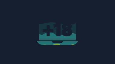 Mavi arkaplanda 18 içerik ikli sarı dizüstü bilgisayar var. Yaş sınırlama sembolü. Yetişkin kanalı. 4K Video hareketli grafik canlandırması.