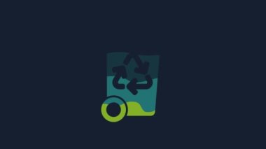 Yellow Recycle bin with recycle symbol icon isolated on blue background. Trash can icon. Garbage bin sign. Recycle basket sign. 4K Video motion graphic animation.