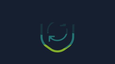 Sarı Geri Dönüşüm sembolü mavi arkaplanda izole edilmiş bir kalkan simgesi. Çevre koruma işareti. 4K Video hareketli grafik canlandırması.