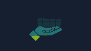 Yellow Human hand holding Earth globe icon isolated on blue background. Save earth concept. 4K Video motion graphic animation.