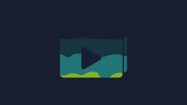 黄色オンライン再生ビデオアイコンは青の背景に隔離されています プレイサイン付きのフィルムストリップ 4Kビデオモーショングラフィックアニメーション — ストック動画