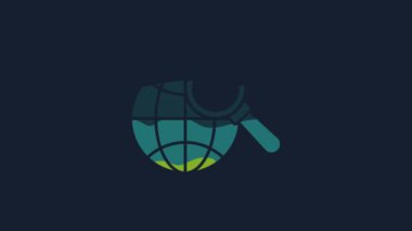 Yellow Magnifying glass with globe icon isolated on blue background. Analyzing the world. Global search sign. 4K Video motion graphic animation.
