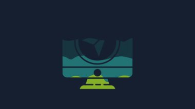 Yellow Computer monitor and folded map with location marker icon isolated on blue background. 4K Video motion graphic animation.