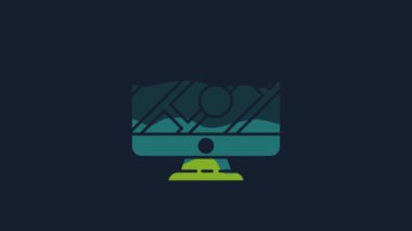 Yellow Computer monitor and folded map with location marker icon isolated on blue background. 4K Video motion graphic animation.