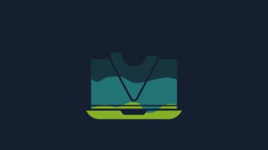 Mavi arkaplanda konum belirleyici simgesi olan sarı dizüstü bilgisayar. 4K Video hareketli grafik canlandırması.