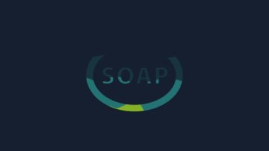 Yellow Bar of soap icon isolated on blue background. Soap bar with bubbles. 4K Video motion graphic animation.