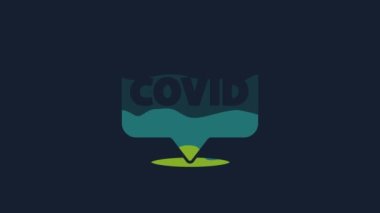 Sarı Corona virüsü covid-19 mavi arka planda izole edilmiş konum simgesinde. Bakteri ve mikroplar, hücre kanseri, mikrop, mantar. 4K Video hareketli grafik canlandırması.