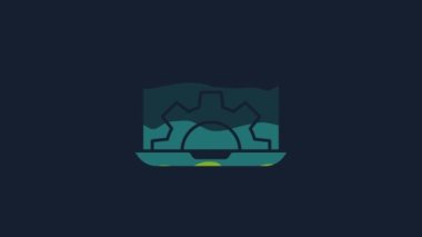 Sarı dizüstü bilgisayar ve vites simgesi mavi arkaplanda izole edildi. Uygulama ayarlanıyor, seçenekler ayarlanıyor, bakım, onarım, onarım. 4K Video hareketli grafik canlandırması.