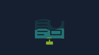 Grafik, çizelge, çizelge, diyagram, bilgi grafiği, turta grafik simgesi içeren sarı sunum tahtası mavi arkaplanda izole edilmiş. 4K Video hareketli grafik canlandırması.