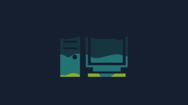 Sarı Bilgisayar monitörü simgesi mavi arkaplanda izole edildi. Bilgisayar bileşeni işareti. 4K Video hareketli grafik canlandırması.