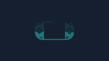 Mavi arkaplanda sarı taşınabilir video oyunu konsolu simgesi izole edildi. Av alanı tabelası. Oyun konsepti. 4K Video hareketli grafik canlandırması.