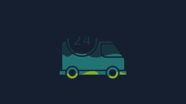 Sarı Hızlı mavi arka planda izole edilmiş araba ikonu ile 24 saat teslimat. 4K Video hareketli grafik canlandırması.