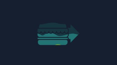 Sarı Çevrimiçi sipariş ve hamburger dağıtım ikonu mavi arka planda izole edildi. 4K Video hareketli grafik canlandırması.