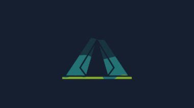 Sarı turist çadırı simgesi mavi arkaplanda izole edildi. Kamp sembolü. 4K Video hareketli grafik canlandırması.