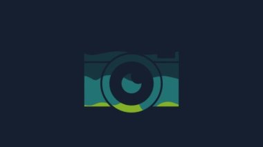 Sarı Fotoğraf Makinesi simgesi mavi arkaplanda izole edildi. Fotoğraf makinesi simgesi. 4K Video hareketli grafik canlandırması.