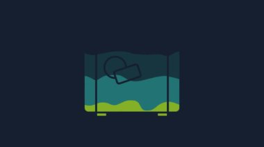 Yellow Suitcase for travel icon isolated on blue background. Traveling baggage sign. Travel luggage icon. 4K Video motion graphic animation.