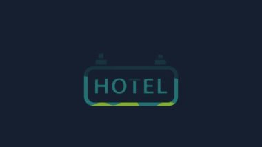 Sarı pano açık hava reklamı ve mavi arka planda izole edilmiş bir metin otel simgesi. 4K Video hareketli grafik canlandırması.